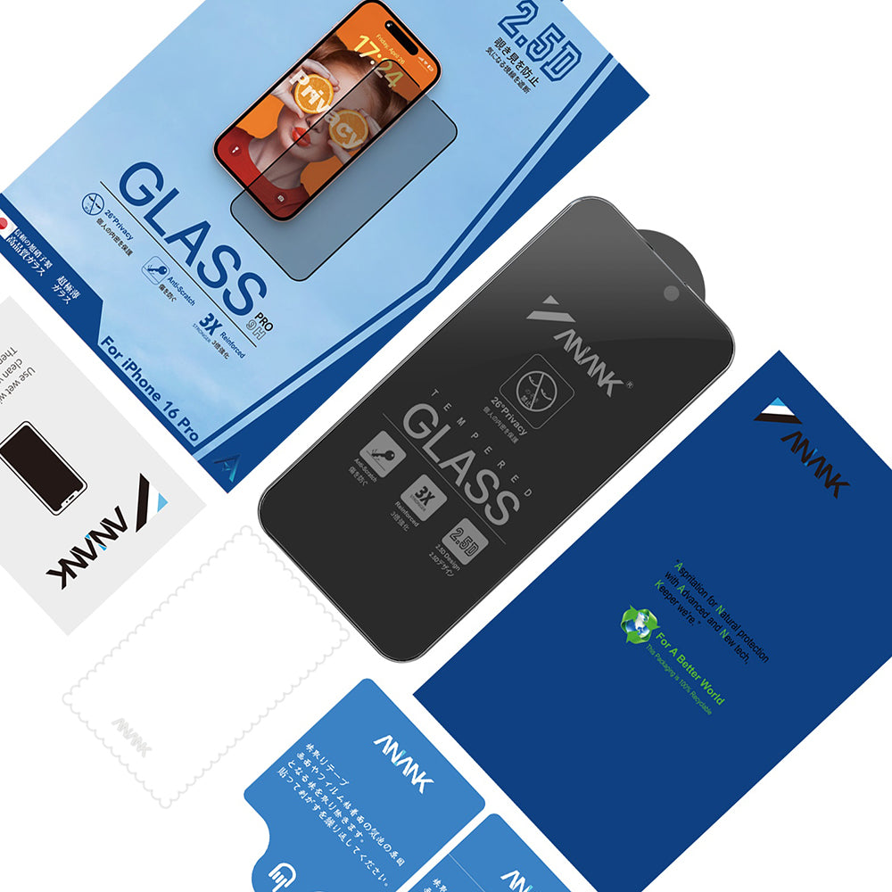 Zaščitna folija zaslona Privacy Anank 3X ojačana za Apple iPhone 15 Pro, varnostno steklo, polno lepilo, 2.5D