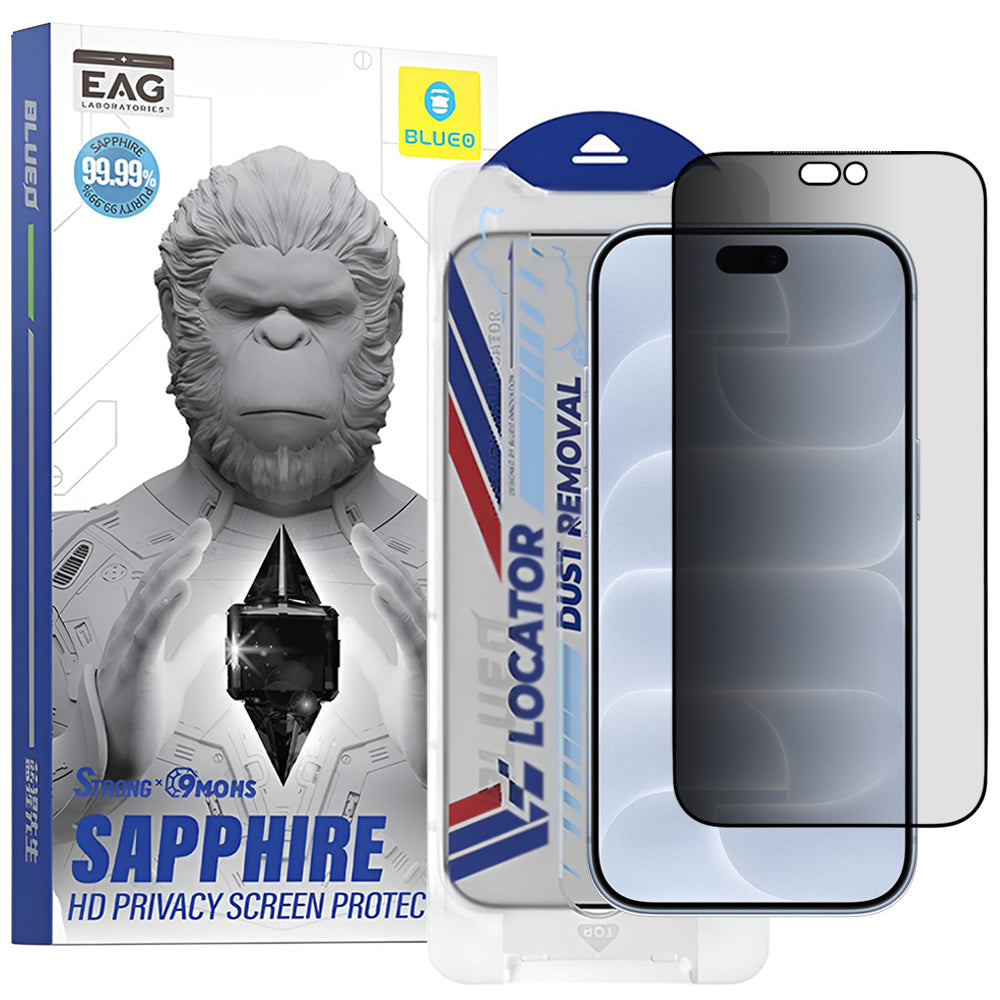 Zaščitna folija za zaslon Privacy Blueo Premium Sapphire Applicator za Apple iPhone 18 Pro, kaljeno steklo, lepilo po celotni površini
