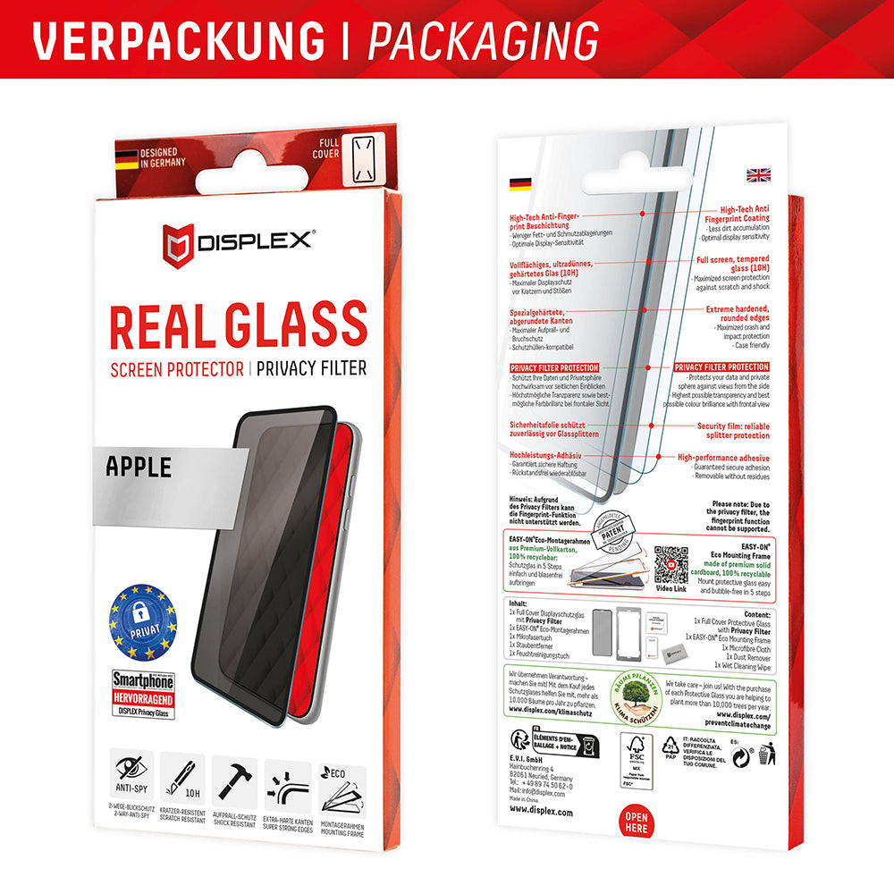 Zaščitna folija zaslona Privacy Displex Real Glass za Apple iPhone 16 Plus, kaljeno steklo, polno lepilo