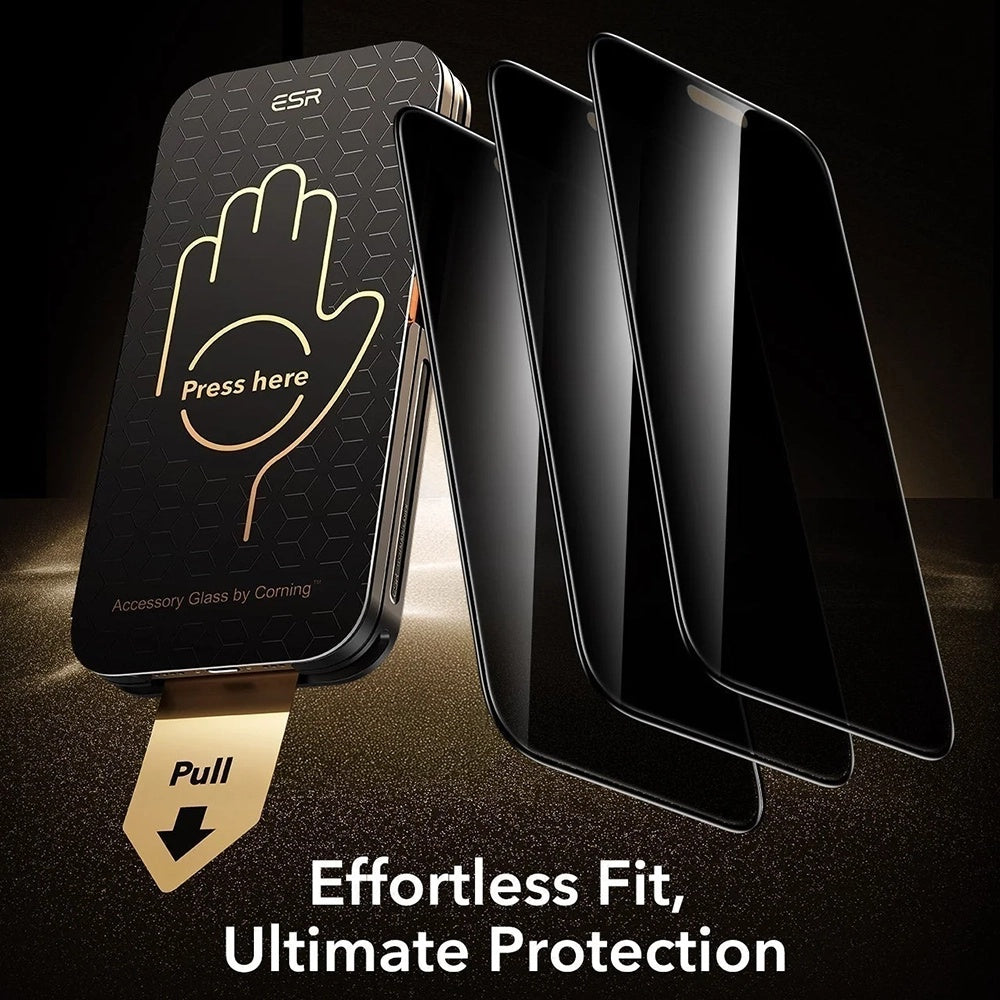 Zaščitna folija za zaslon Privacy ESR Armorite Pro UltraFit za Apple iPhone 18 Pro, kaljeno steklo, polno lepilo, komplet 3 kosi