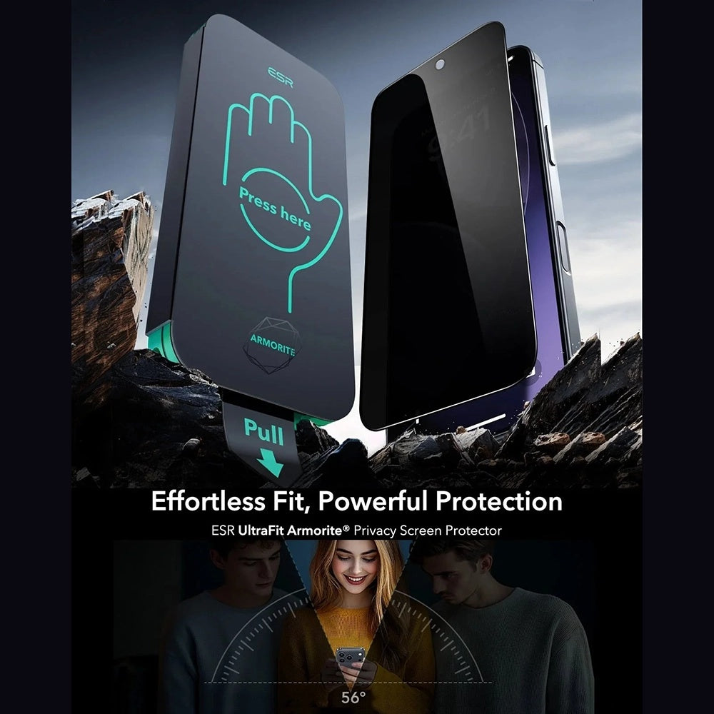 Zaščitna folija Ecran Privacy ESR Armorite UltraFit za Apple iPhone 17 Pro, Kaljeno steklo, Polno lepljenje, Set 3 kosi