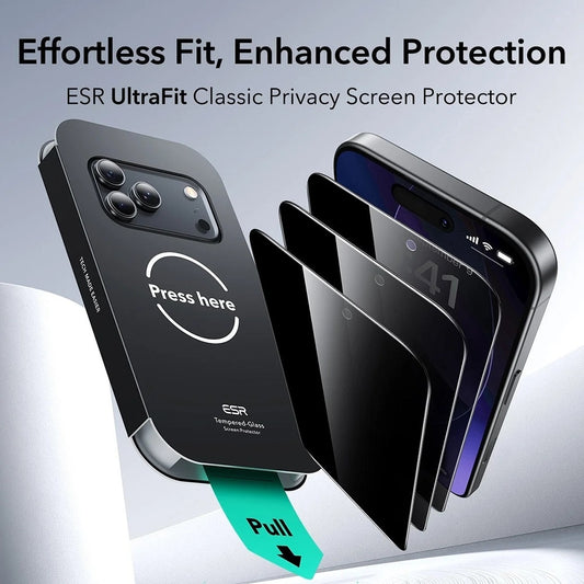 Zaščitna folija za zaslon Privacy ESR UltraFit Classic za Apple iPhone 18 Pro Max, kaljeno steklo, polno lepilo, komplet 3 kosi