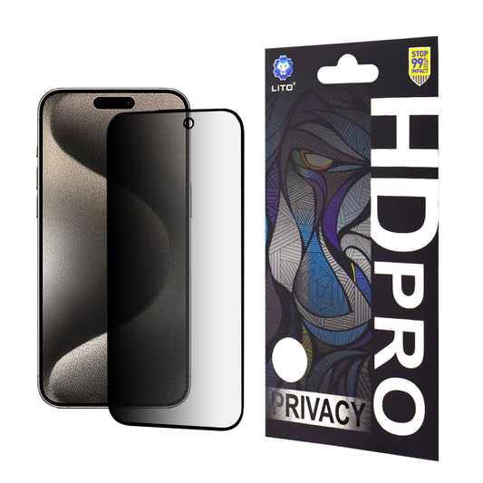 Zaščitna folija zaslona Privacy Lito HD Pro za Apple iPhone 15 Pro Max, kaljeno steklo, polno lepilo