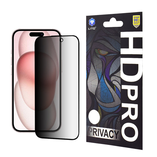 Zaščitna folija zaslona Privacy Lito HD Pro za Apple iPhone 15, kaljeno steklo, polno lepilo