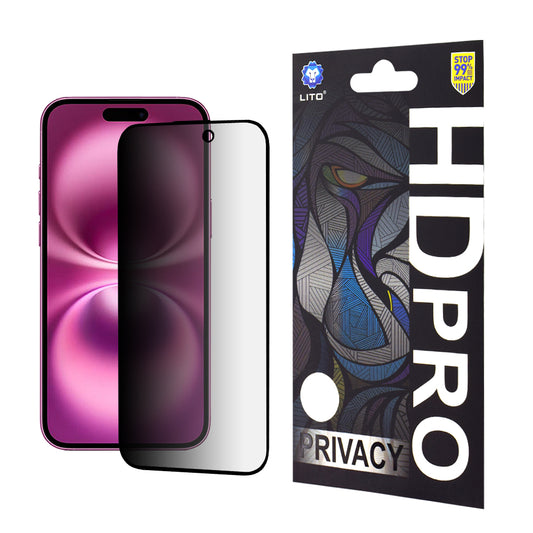 Zaščitna folija za zaslon Privacy Lito HD Pro za Apple iPhone 16 Plus, kaljeno steklo, polno lepilo