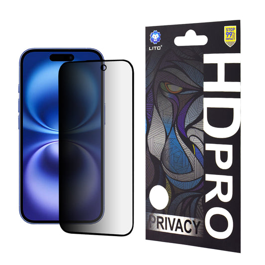 Zaščitna folija zaslona Privacy Lito HD Pro za Apple iPhone 16, varnostno steklo, polno lepilo
