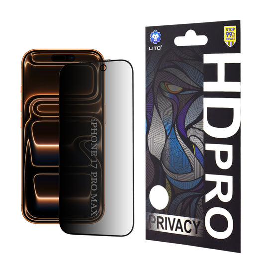 Zaščitna folija za zaslon Privacy Lito HD Pro za Apple iPhone 17 Pro Max, Kaljeno steklo, Polno lepljenje