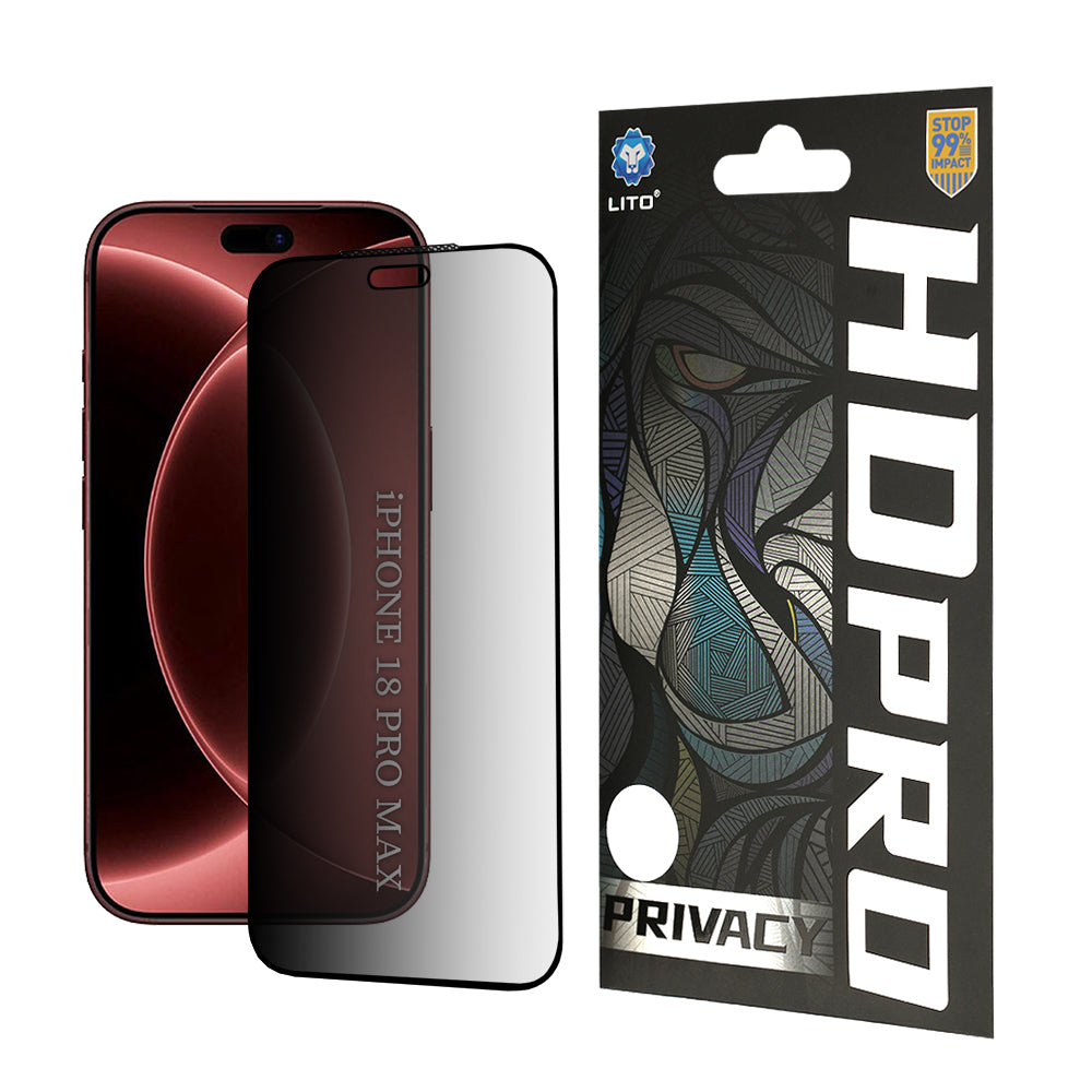 Zaščitna folija zaslona Privacy Lito HD Pro za Apple iPhone 18 Pro Max, kaljeno steklo, polno lepilo