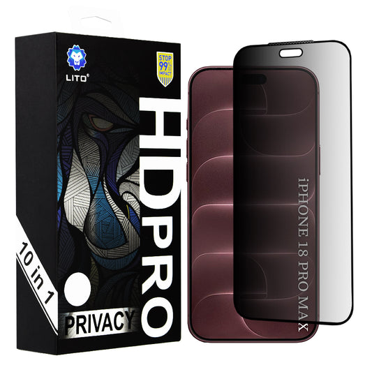 Zaščitna folija za zaslon Privacy Lito HD Pro za Apple iPhone 18 Pro Max, kaljeno steklo, lepilo po celotni površini, komplet 10 kosov