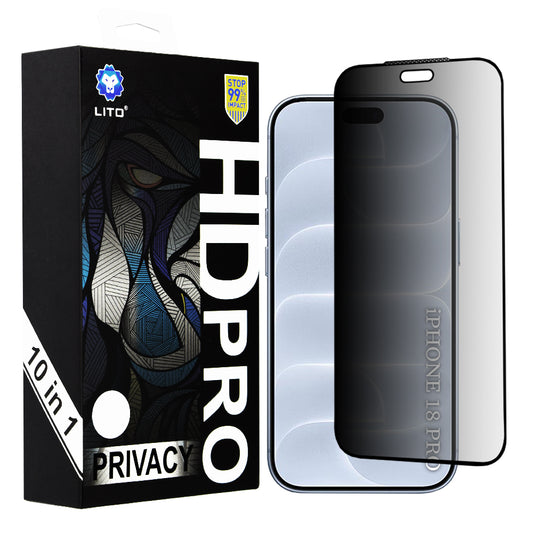 Zaščitna folija za zaslon Privacy Lito HD Pro za Apple iPhone 18 Pro, kaljeno steklo, lepilo po celotni površini, komplet 10 kosov