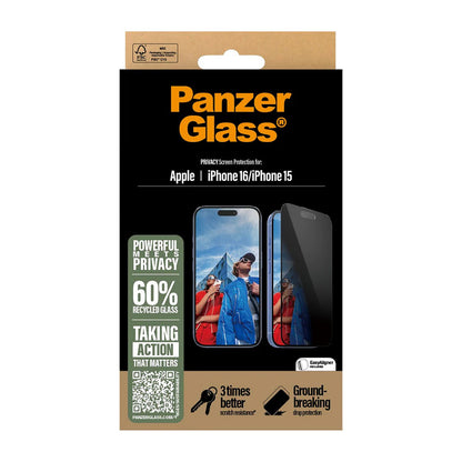 Zaščitna folija za zaslon Privacy PanzerGlass Ultra-Wide Fit EasyAligner za Apple iPhone 16 / 15, Kaljeno steklo, Polno lepljenje