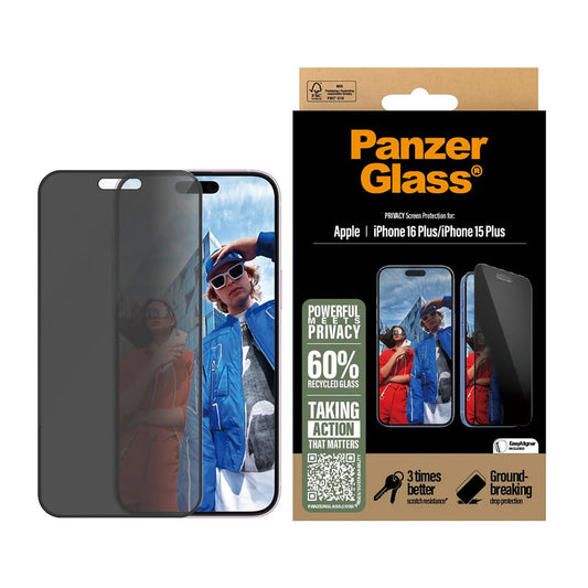 Zaščitna folija za zaslon Privacy PanzerGlass Ultra-Wide Fit EasyAligner za Apple iPhone 16 Plus / 15 Plus, Kaljeno steklo, Polno lepljenje
