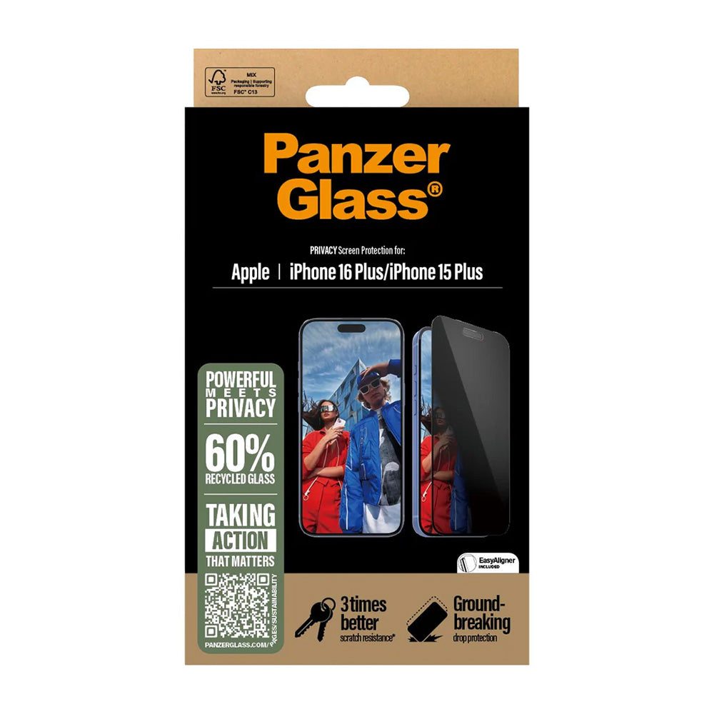 Zaščitna folija za zaslon Privacy PanzerGlass Ultra-Wide Fit EasyAligner za Apple iPhone 16 Plus / 15 Plus, Kaljeno steklo, Polno lepljenje