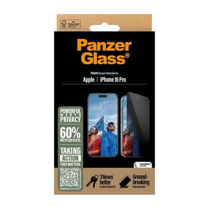 Zaščitna folija za zaslon Privacy PanzerGlass Ultra-Wide Fit EasyAligner za Apple iPhone 16 Pro, Kaljeno steklo, Polno lepljenje