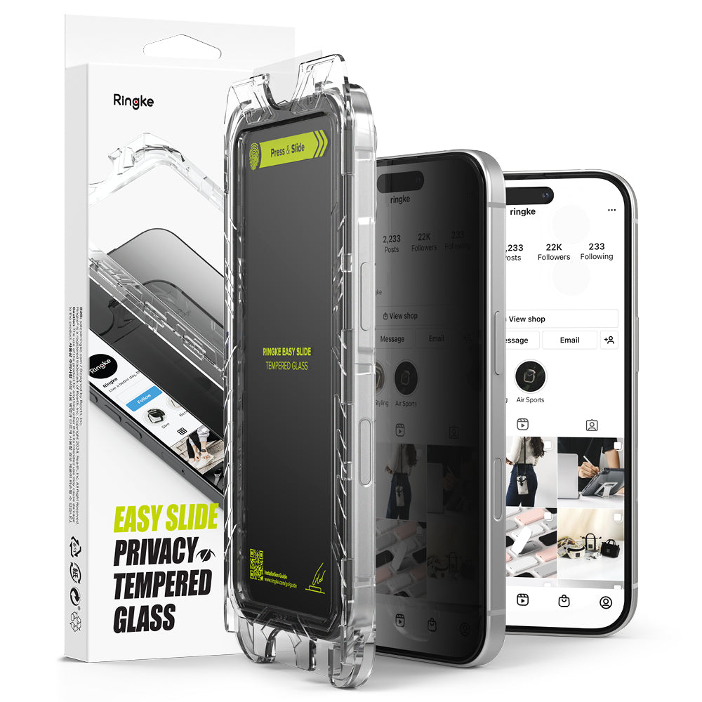 Zaščitna folija za zaslon Privacy Ringke Easy Slide za Apple iPhone 16 Plus / 15 Plus, Kaljeno steklo, Polno lepljenje, Komplet 2 kosa
