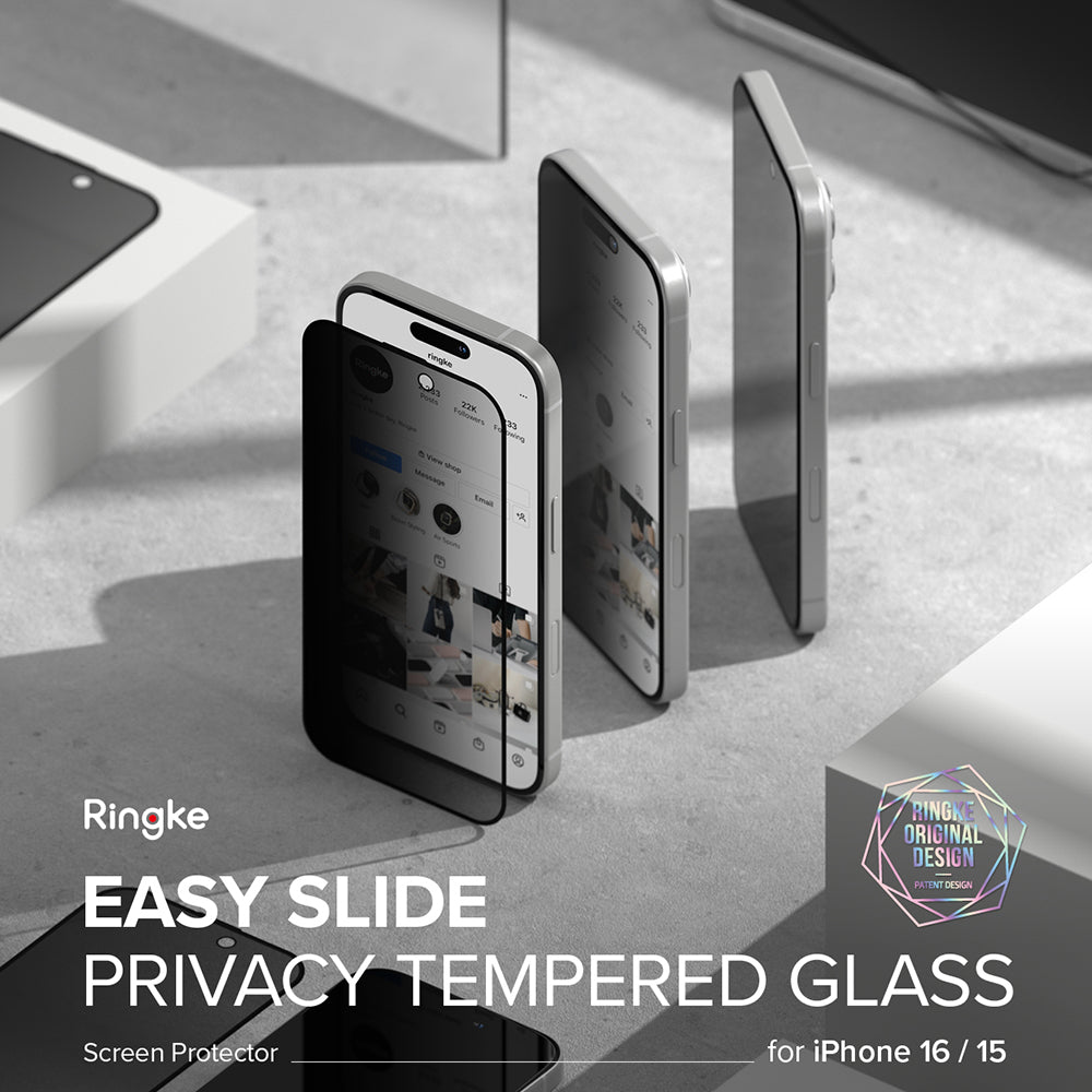 Zaščitna folija za zaslon Privacy Ringke Easy Slide za Apple iPhone 16 Plus / 15 Plus, Kaljeno steklo, Polno lepljenje, Komplet 2 kosa