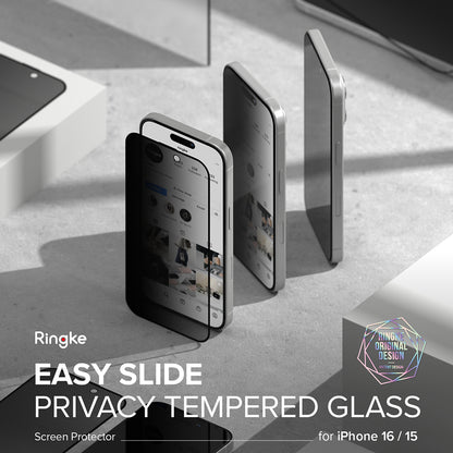 Zaščitna folija za zaslon Privacy Ringke Easy Slide za Apple iPhone 16 Plus / 15 Plus, Kaljeno steklo, Polno lepljenje, Komplet 2 kosa