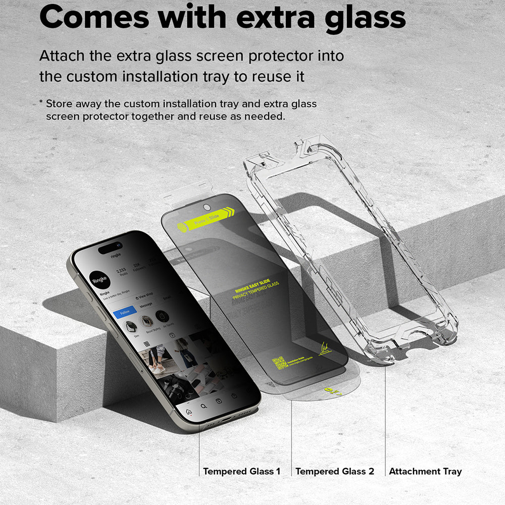 Zaščitna folija za zaslon Privacy Ringke Easy Slide za Apple iPhone 16 Plus / 15 Plus, Kaljeno steklo, Polno lepljenje, Komplet 2 kosa
