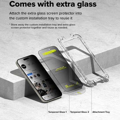 Zaščitna folija za zaslon Privacy Ringke Easy Slide za Apple iPhone 16 Plus / 15 Plus, Kaljeno steklo, Polno lepljenje, Komplet 2 kosa