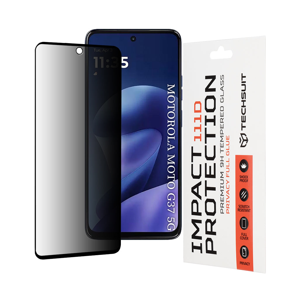 Zaščitna folija za zaslon Privacy Techsuit za Motorola Moto G47 / G37 Power / G37, kaljeno steklo, polno lepilo, 111D