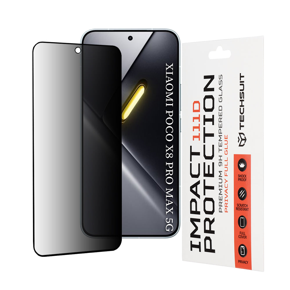 Zaščitna folija za zaslon Privacy Techsuit za Xiaomi Poco X8 Pro Max, Kaljeno steklo, Polno lepilo, 111D