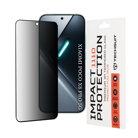 Zaščitna folija za zaslon Privacy Techsuit za Xiaomi Poco X8 Pro, Kaljeno steklo, Polno lepilo, 111D