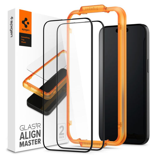 Zaščitna folija za zaslon Spigen GlastR Align Master za Apple iPhone 15 Plus, Kaljeno steklo, Polno lepilo, Komplet 2 kosa, Črna AGL06886