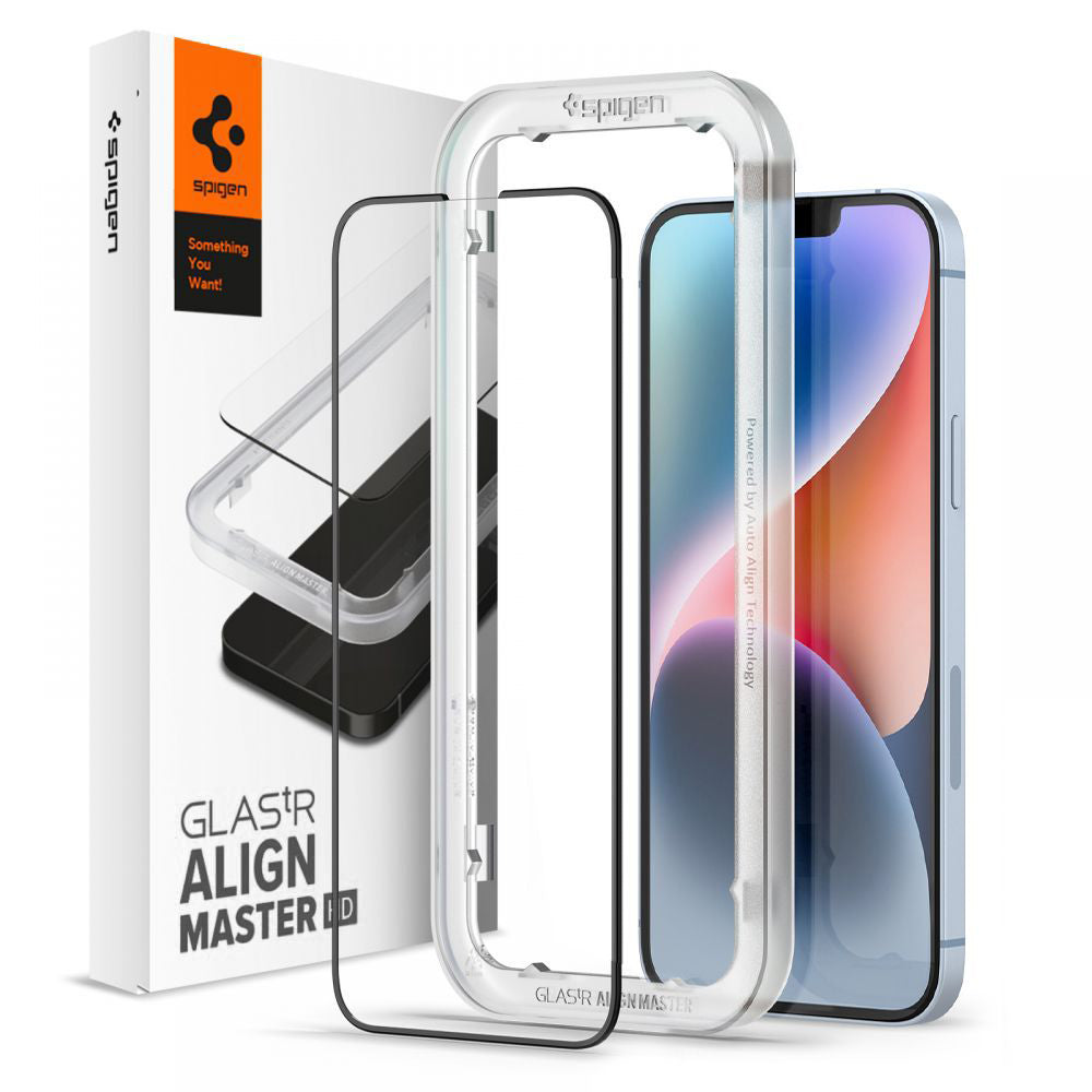Zaščitna folija za zaslon Spigen GlastR Align Master za Apple iPhone 17e / 16e / 14 / 13 Pro, Kaljeno steklo, Polno lepilo, Črna AGL03725