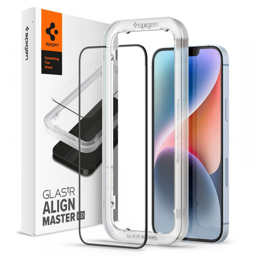 Zaščitna folija za zaslon Spigen GlastR Align Master za Apple iPhone 17e / 16e / 14 / 13 Pro, Kaljeno steklo, Polno lepilo, Črna AGL03725
