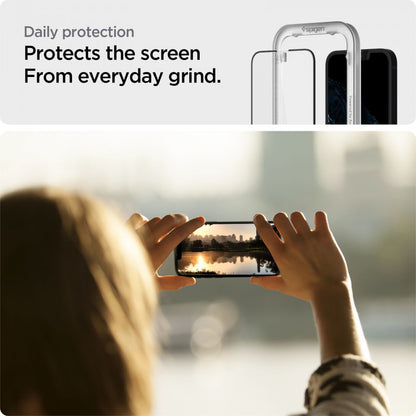 Zaščitna folija za zaslon Spigen GlastR Align Master za Apple iPhone 17e / 16e / 14 / 13 Pro, Kaljeno steklo, Polno lepilo, Črna AGL03725