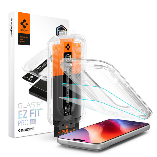 Zaščitna folija za zaslon Spigen GlastR EZ FIT Pro HD za Apple iPhone 18 Pro / 17 Pro / 17 / 16 Pro, kaljeno steklo, polno lepilo, komplet 2 kosa AGL12047