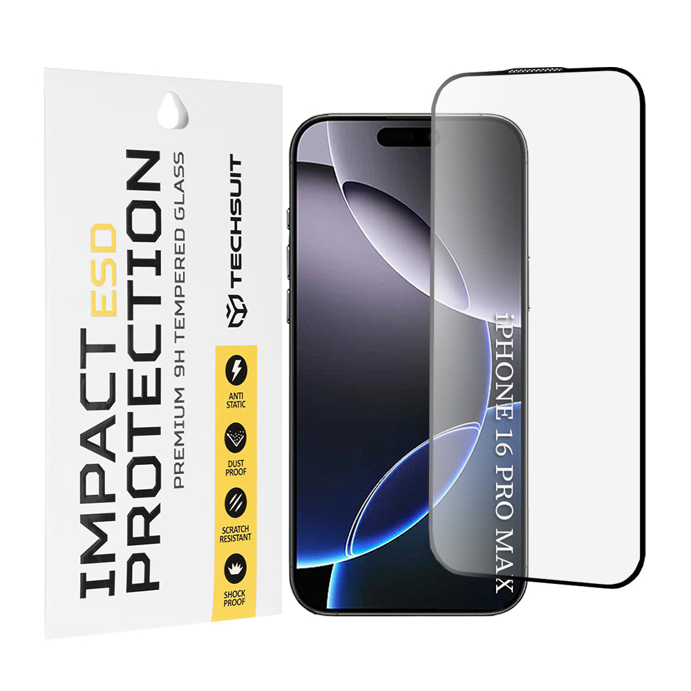 Techsuit Screen Protector Film for Apple iPhone 16 Pro Max, Tempered Glass, Full Glue, Black
