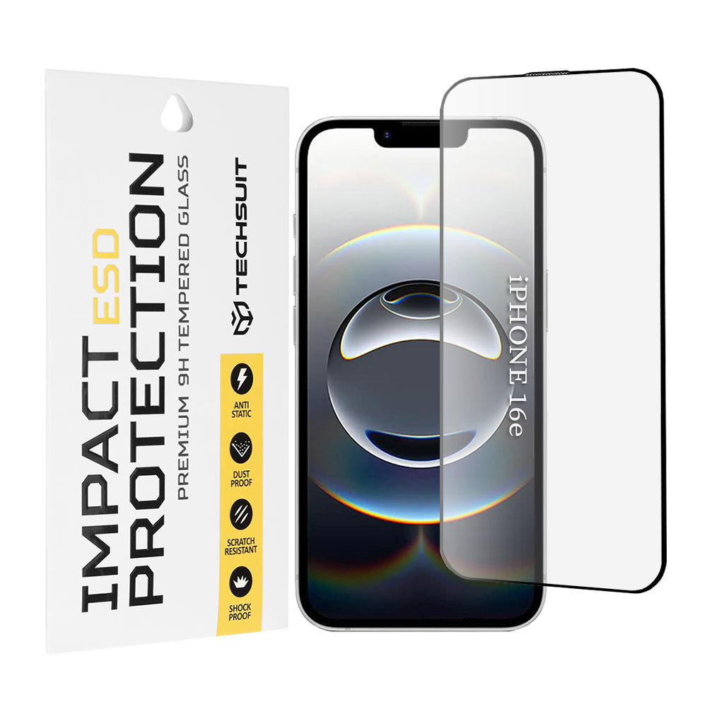 Techsuit Screen Protector Film for Apple iPhone 17e / 16e, Tempered Glass, Full Glue, Black