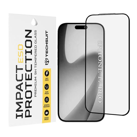 Zaščitna folija za zaslon Techsuit za Apple iPhone 17 Pro, Kaljeno steklo, Polno lepljiva, Črna