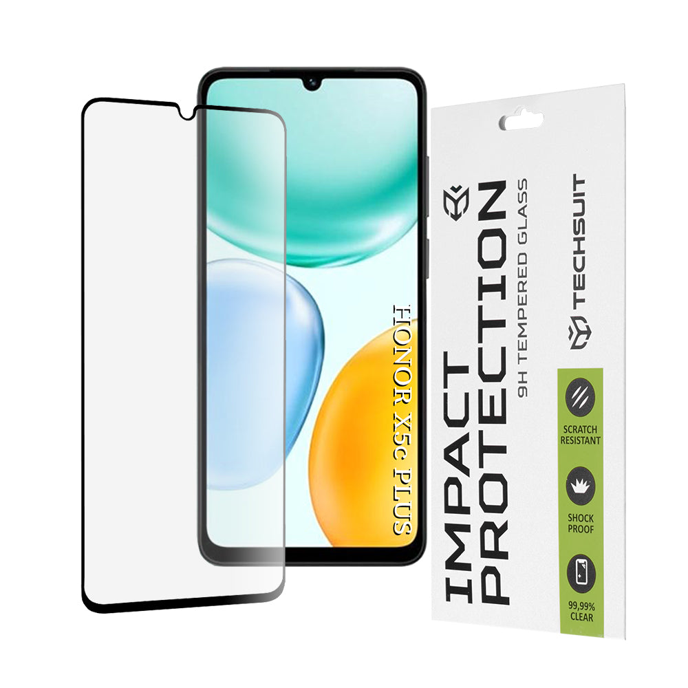 Zaščitna folija za zaslon Techsuit za Honor X5c Plus, Kaljeno steklo, Full Glue, 111D, Črna