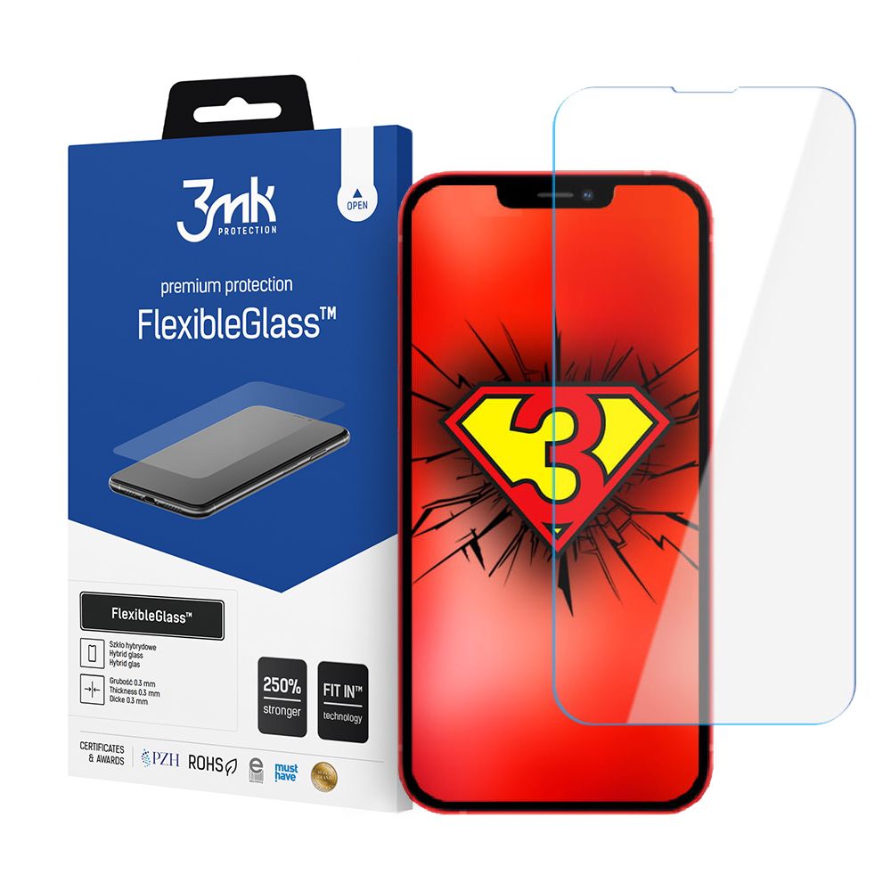 Zaščitna folija za zaslon 3MK FlexibleGlass za Apple iPhone 17e / 16e / 14 / 13 Pro, fleksibilno steklo, polno lepilo