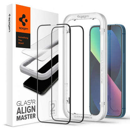 Zaščitna folija za zaslon Spigen GlastR Align Master za Apple iPhone 16e / 14, Kaljeno steklo, Polno lepljenje, Set 2 kosa, Črna AGL03387
