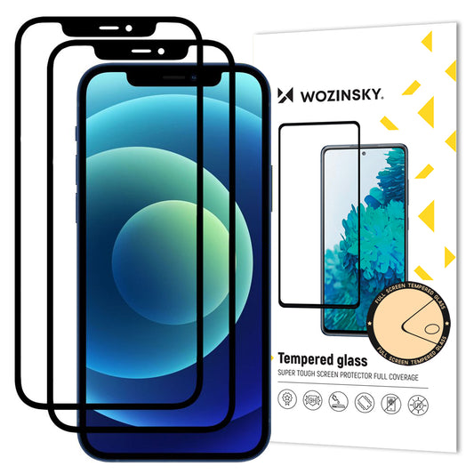 Zaščitna folija zaslona WZK za Apple iPhone 12 / 12 Pro, kaljeno steklo, polno lepilo, komplet 2 kosa, prijazno do ovitka, črna