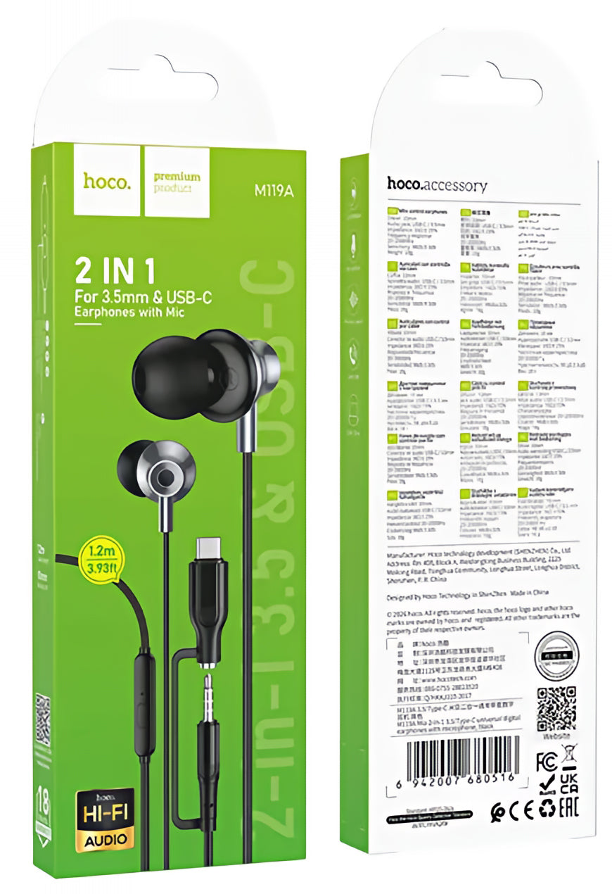 Handsfree 3,5 mm / USB-C HOCO M119A, Črna