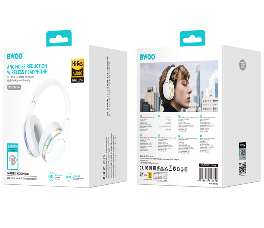 Bluetooth prostoročni BWOO BO-BW587, A2DP, ANC, Bela