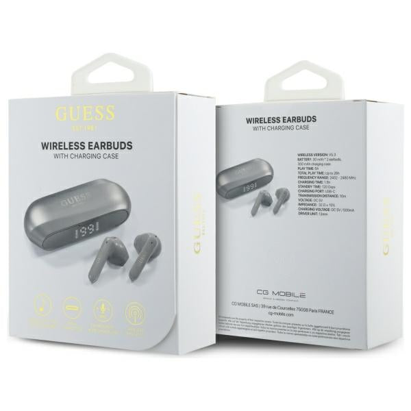 Brezžične slušalke Bluetooth Guess z dolgim kovinskim logotipom, TWS, sive