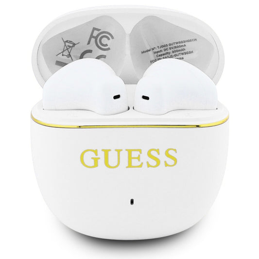 Brezžične slušalke Bluetooth Guess Glossy Gold Line Classic, TWS, bele barve