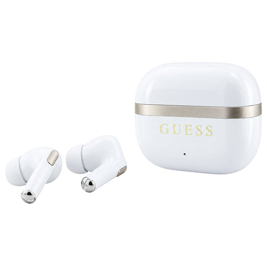 Prostoročne slušalke Bluetooth Guess Glossy Gold Line Printed Classic Logo, TWS, bele barve