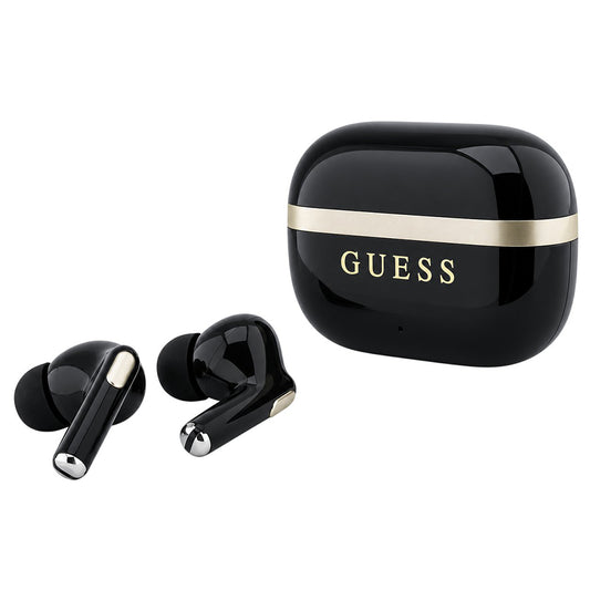 Prostoročne slušalke Bluetooth Guess Glossy Gold Line Printed Classic Logo, TWS, črne