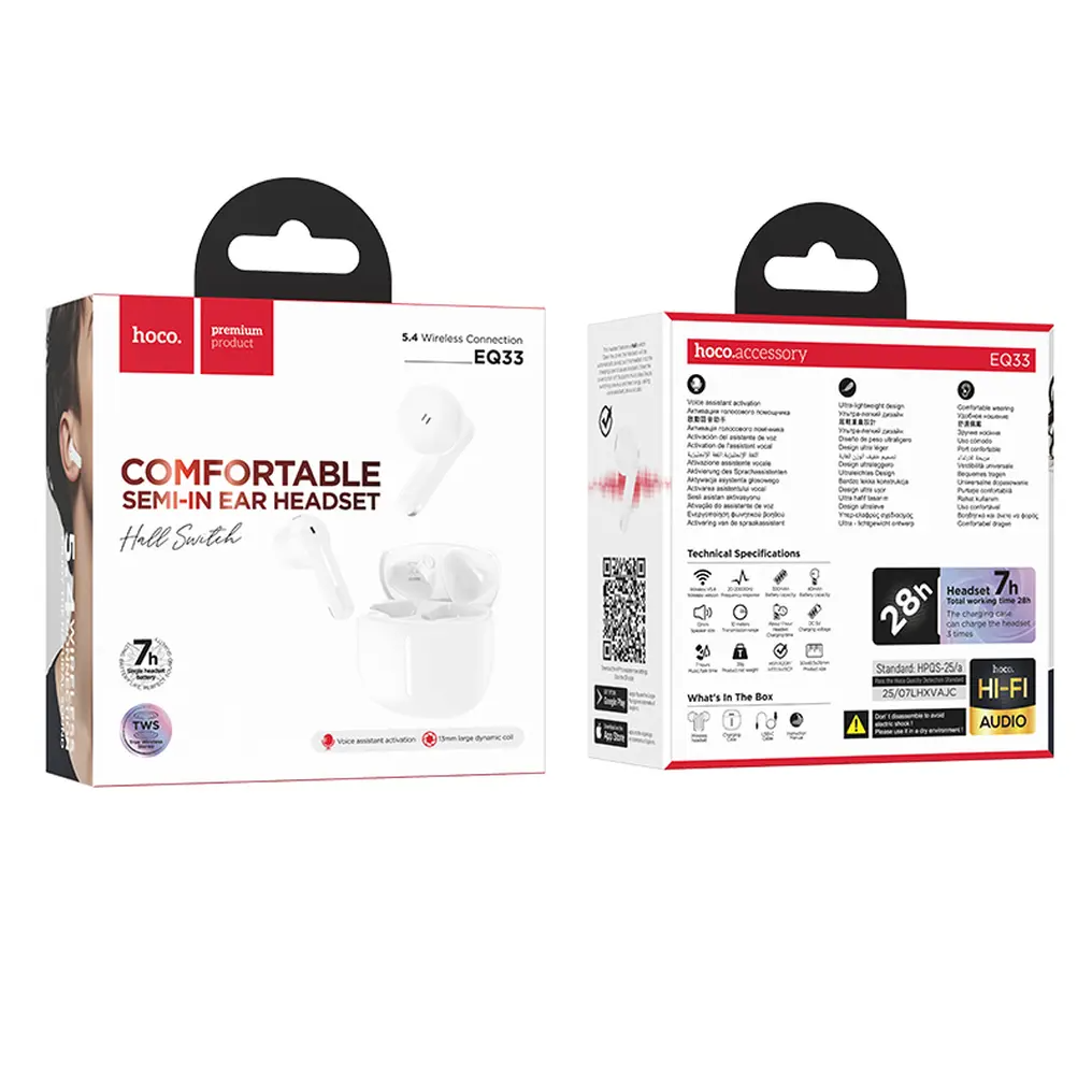 Bluetooth prostoročni HOCO EQ33, TWS, bel