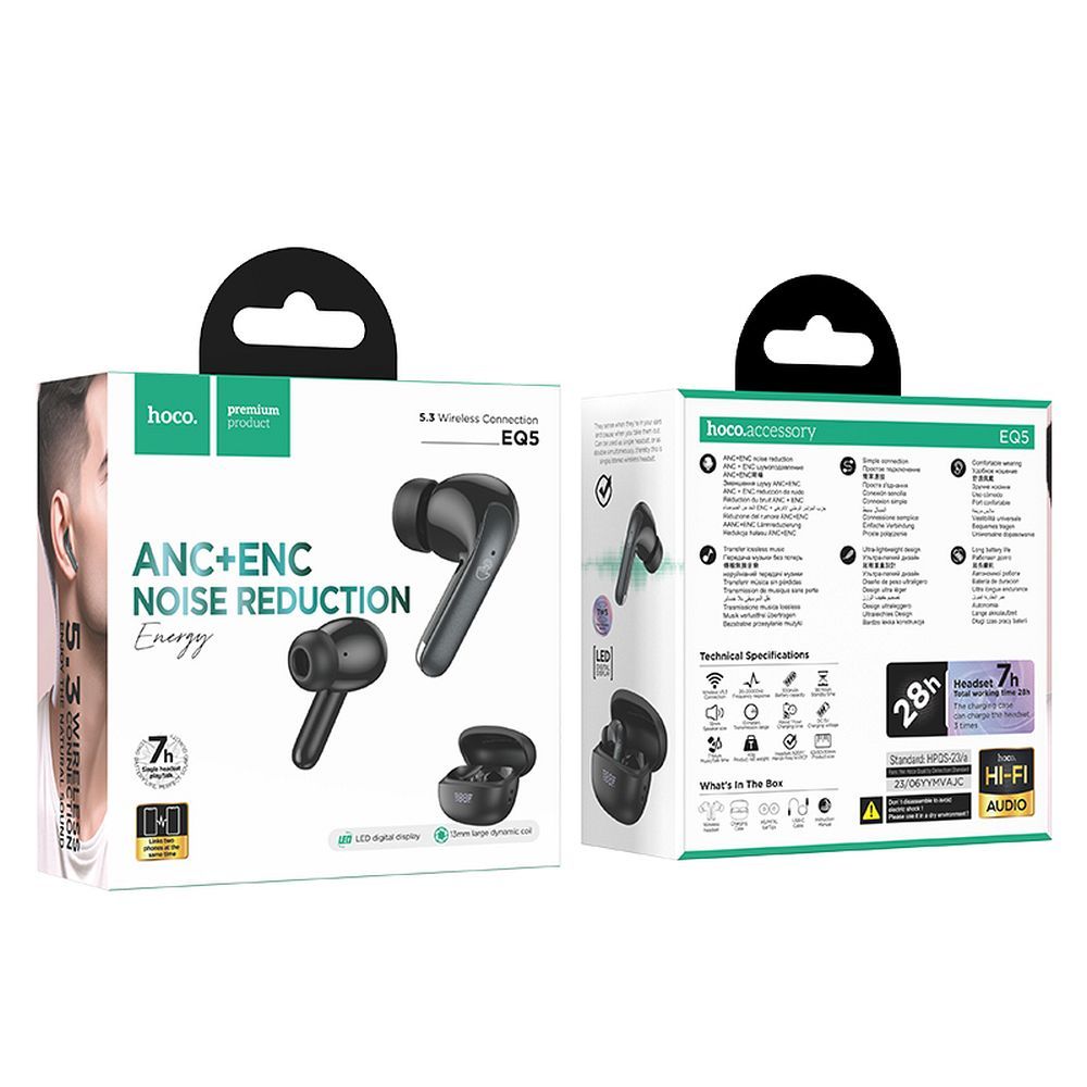 Slušalka za prostoročno telefoniranje Bluetooth HOCO EQ5, TWS, ANC, črna 