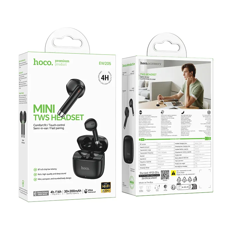 Bluetooth prostoročni telefon HOCO EW205, TWS, črn