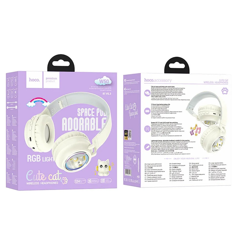 Brezžične slušalke Bluetooth HOCO W50 Kids Cute Cat, A2DP, Bela