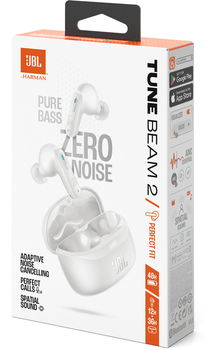 Brezžične slušalke Bluetooth JBL Tune Beam 2, TWS, ANC, MultiPoint, Bela JBLTBEAM2WHT