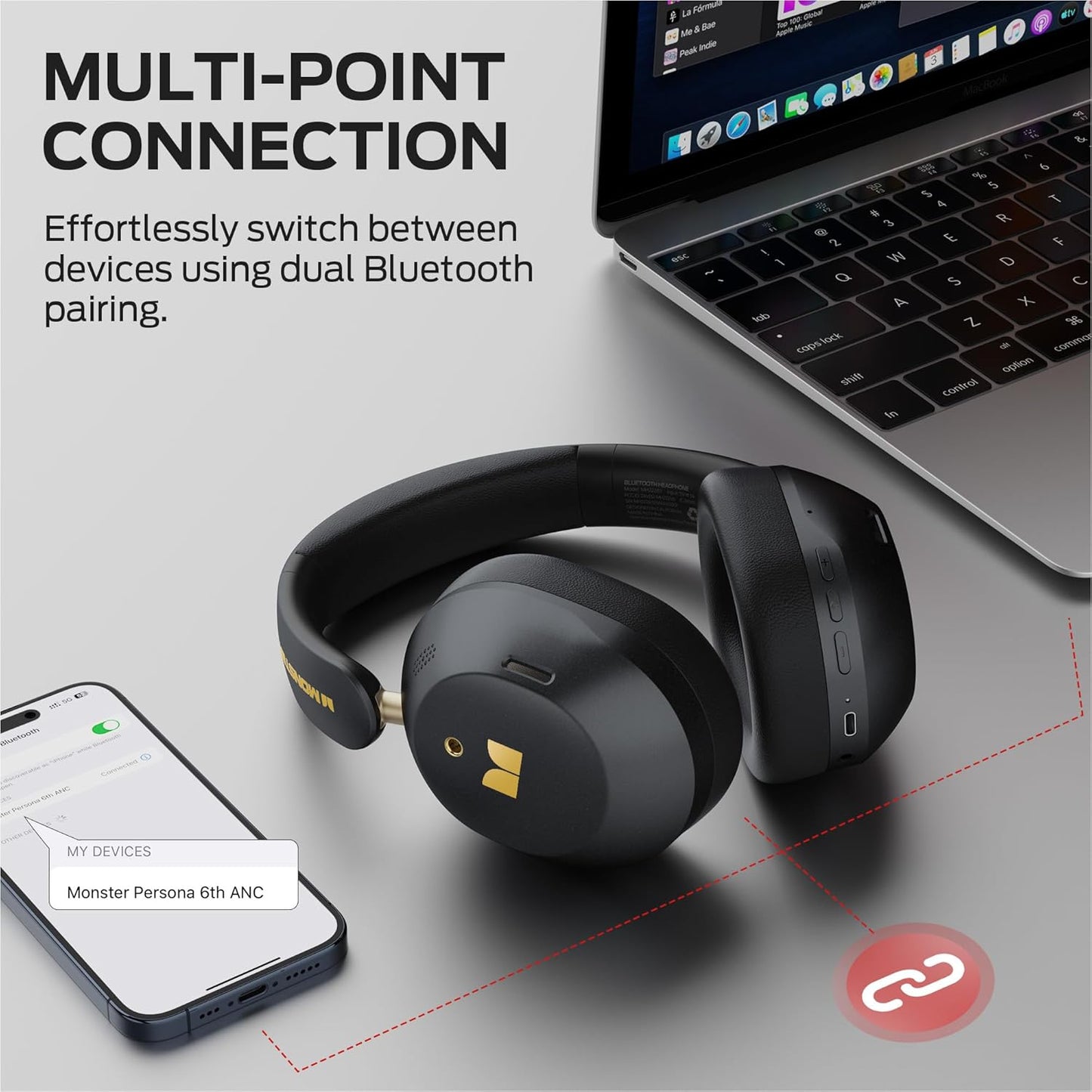 Bluetooth prostoročni Monster Persona 6th, MultiPoint, A2DP, ANC, Črna